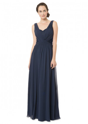 A-line Navy Blue Pleated Chiffon Bridesmaid Dress